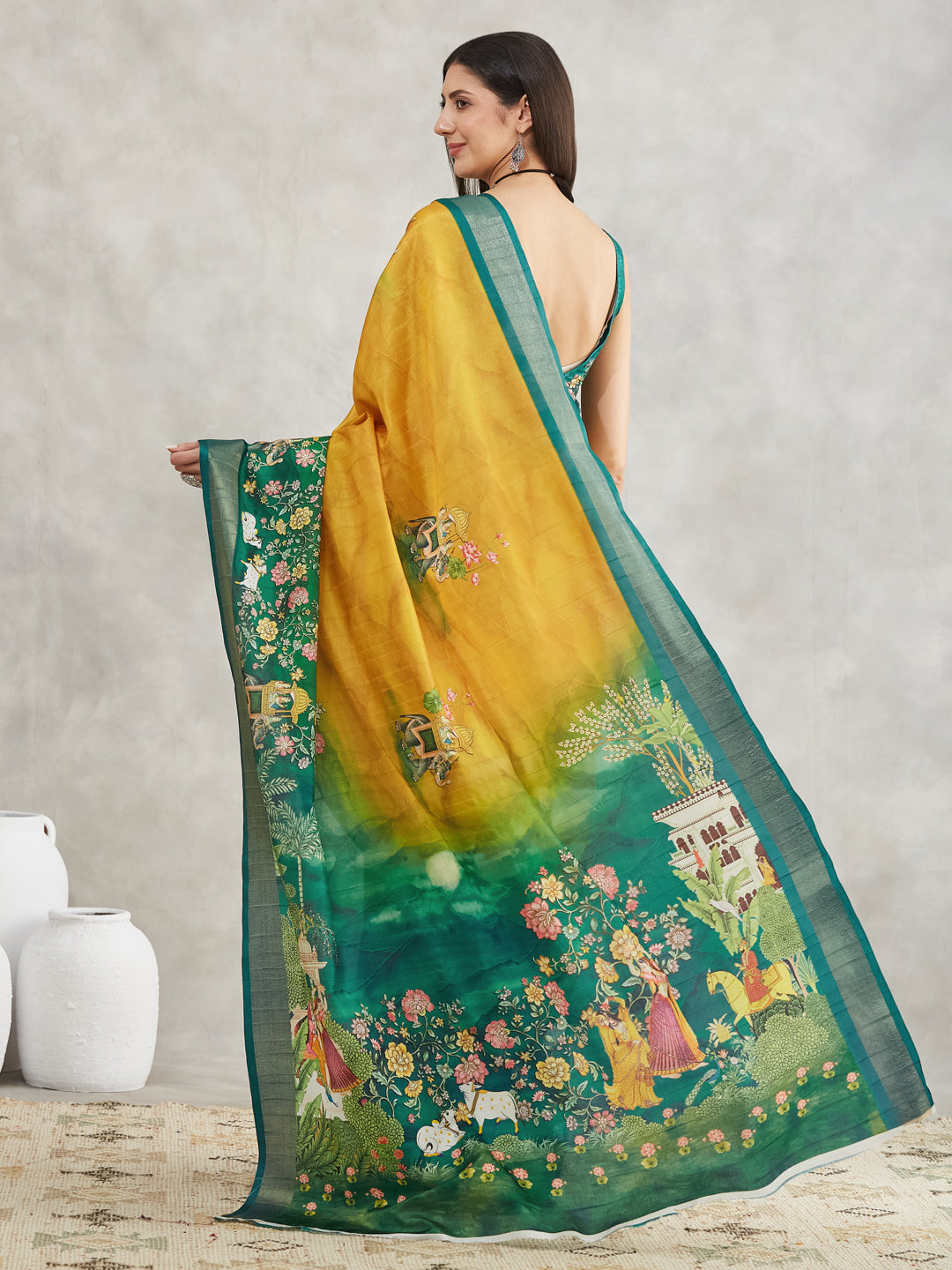 Janasya Women's Mustard Silk Blend Ethnic Motifs Printed Printed Saree with Blouse Piece