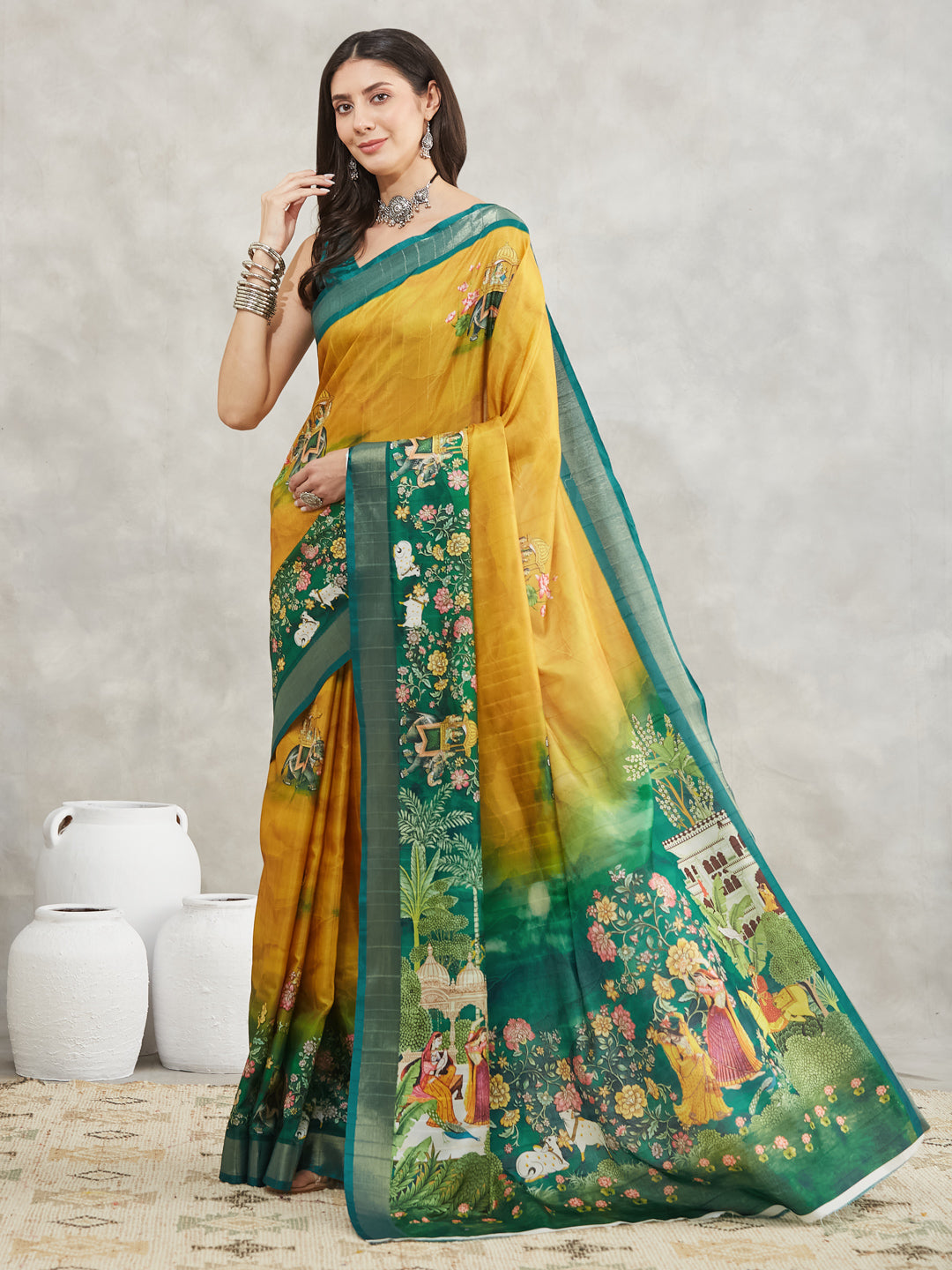 Janasya Women's Mustard Silk Blend Ethnic Motifs Printed Printed Saree with Blouse Piece
