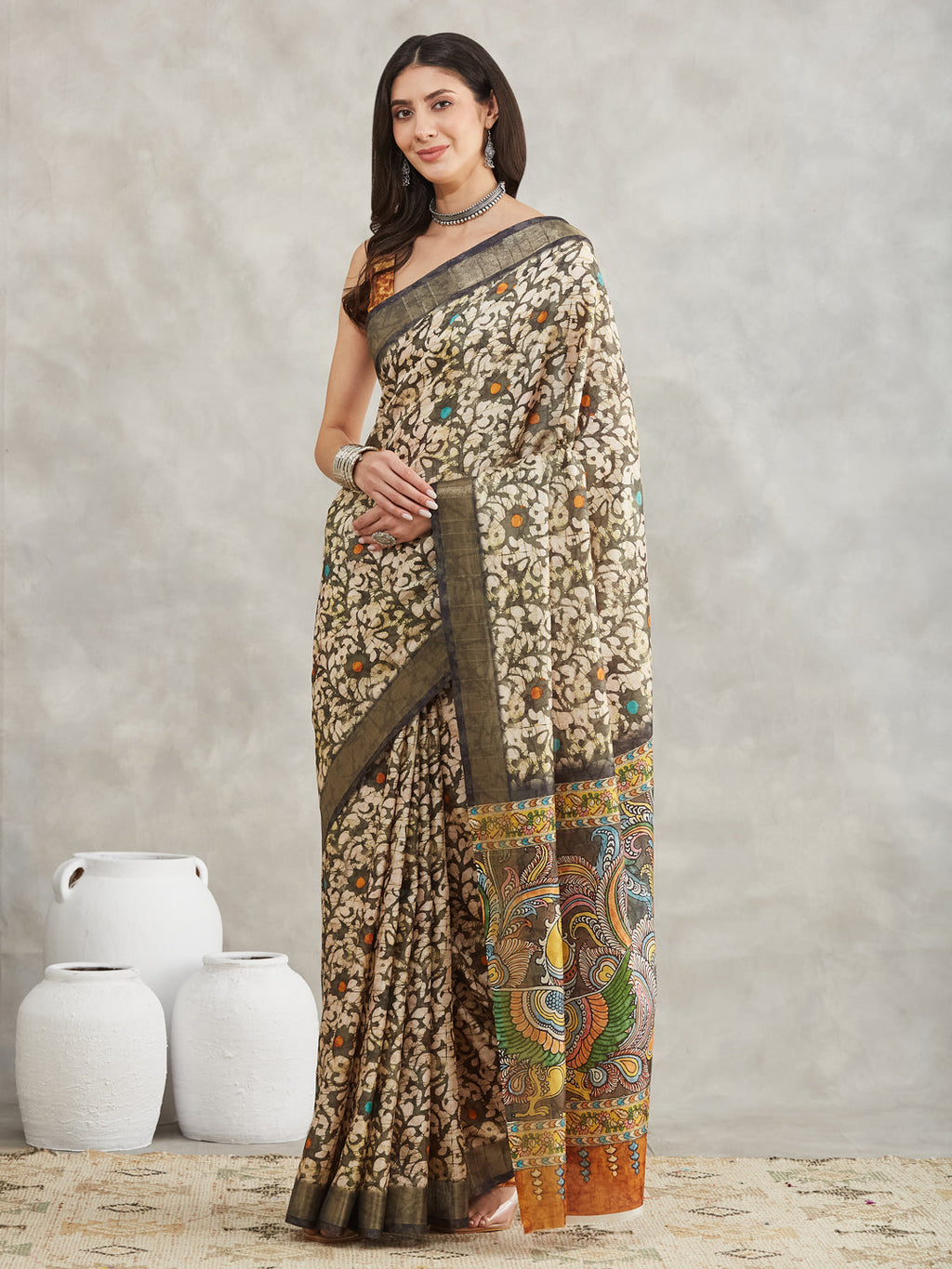 Janasya Women's Olive Green Silk Blend Floral Printed Printed Saree with Blouse Piece