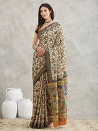 Janasya Women's Olive Green Silk Blend Floral Printed Printed Saree with Blouse Piece