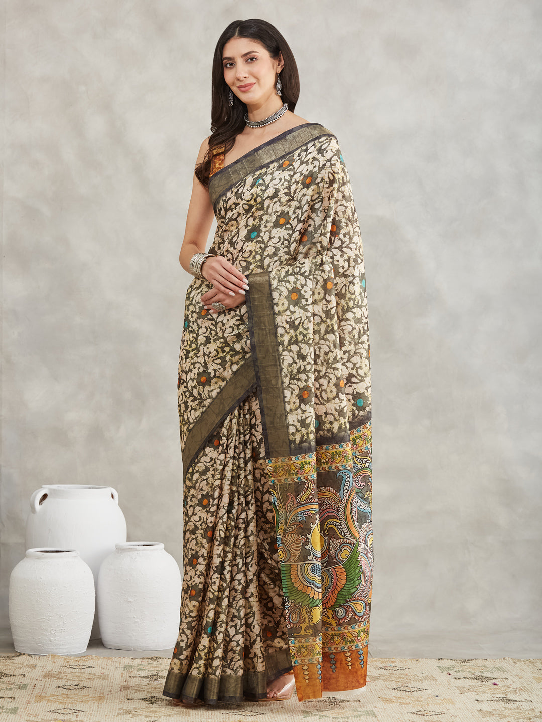 Janasya Women's Olive Green Silk Blend Floral Printed Printed Saree with Blouse Piece