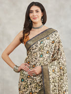 Janasya Women's Olive Green Silk Blend Floral Printed Printed Saree with Blouse Piece