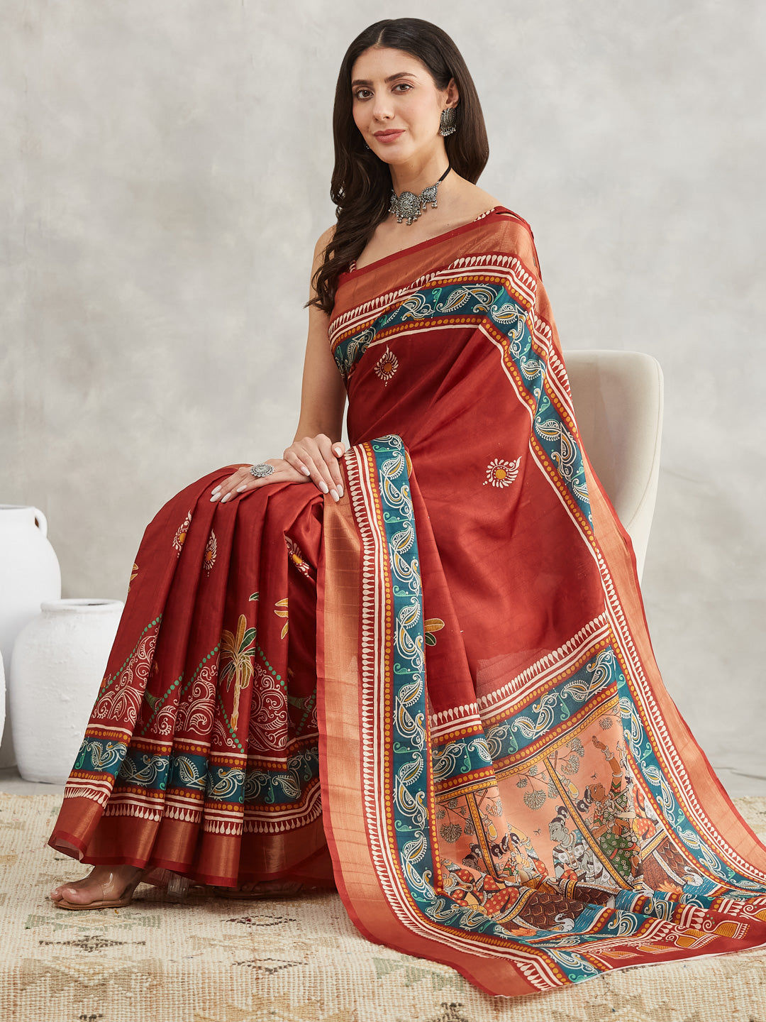 Janasya Women's Rust Silk Blend Paisley Printed Printed Saree with Blouse Piece