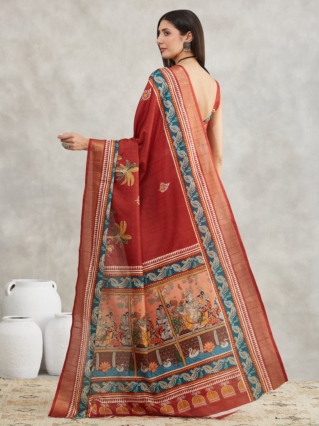 Janasya Women's Rust Silk Blend Paisley Printed Printed Saree with Blouse Piece