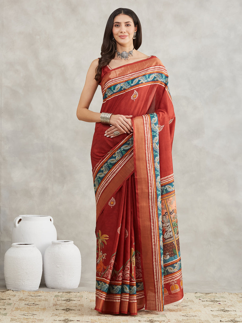 Janasya Women's Rust Silk Blend Paisley Printed Printed Saree with Blouse Piece