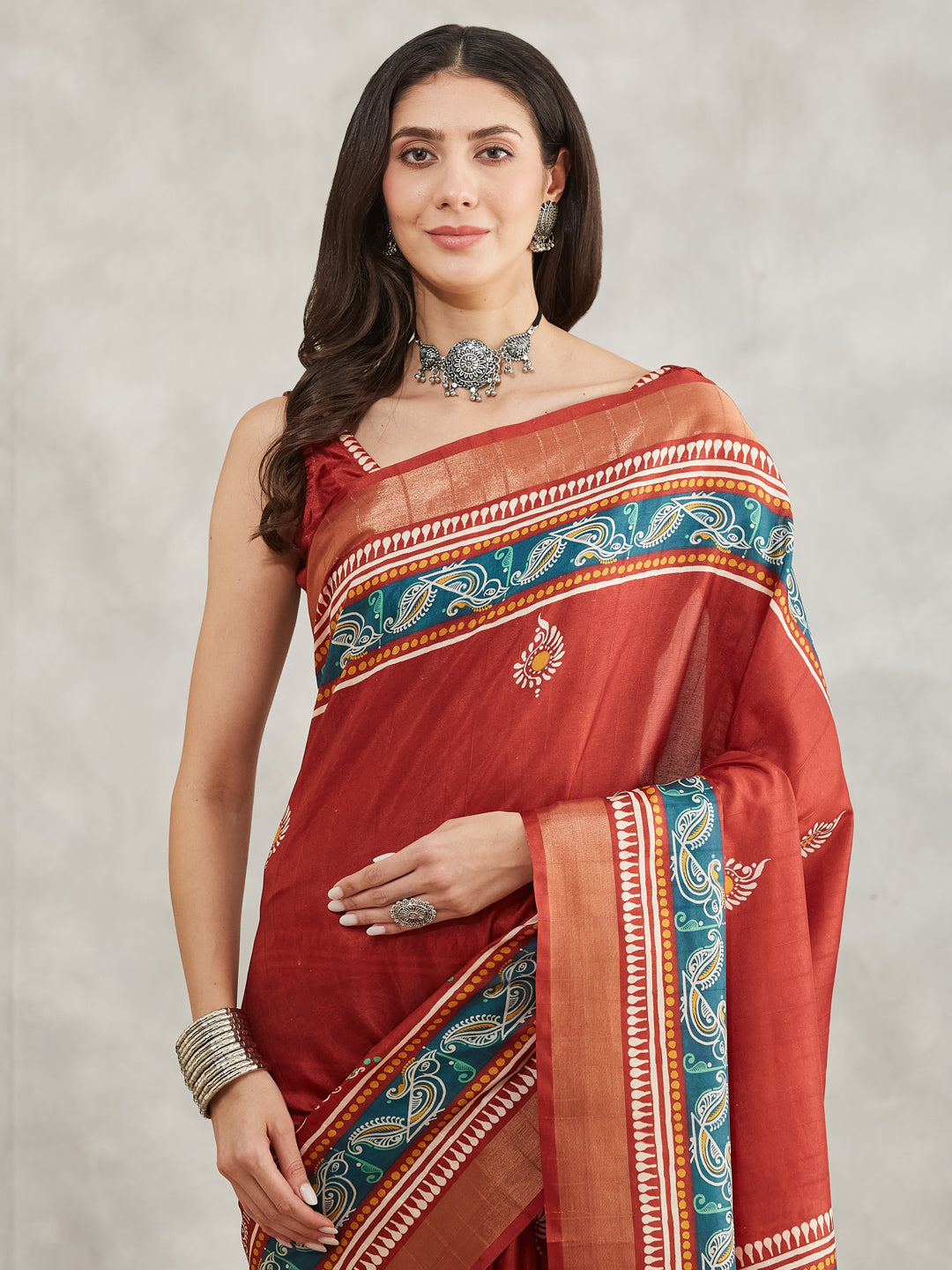 Janasya Women's Rust Silk Blend Paisley Printed Printed Saree with Blouse Piece