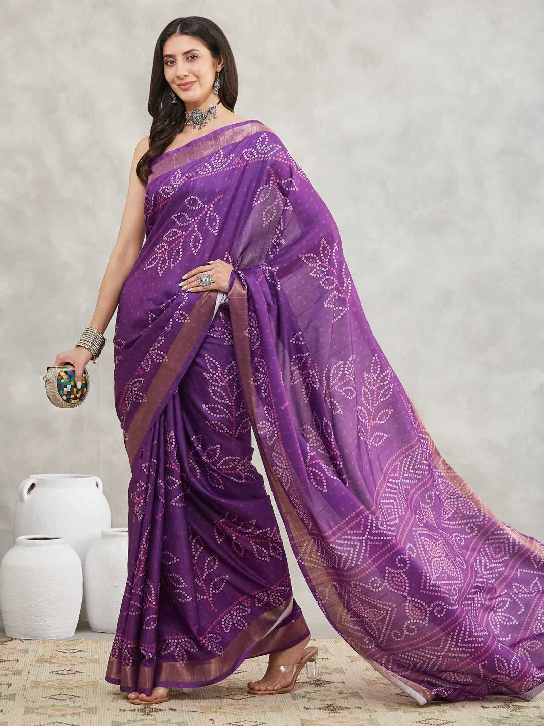 Janasya Women's Purple Silk Blend Bandhani Printed Printed Saree with Blouse Piece
