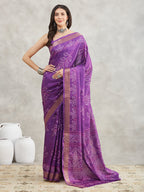 Janasya Women's Purple Silk Blend Bandhani Printed Printed Saree with Blouse Piece