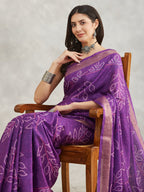 Janasya Women's Purple Silk Blend Bandhani Printed Printed Saree with Blouse Piece