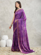 Janasya Women's Purple Silk Blend Bandhani Printed Printed Saree with Blouse Piece