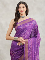 Janasya Women's Purple Silk Blend Bandhani Printed Printed Saree with Blouse Piece