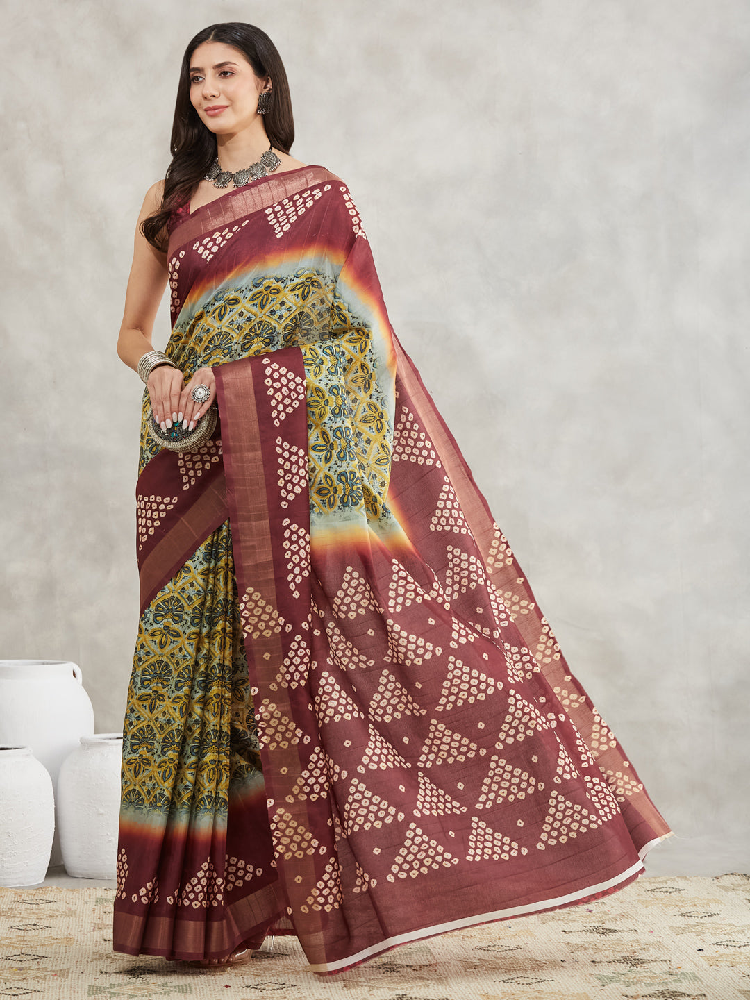 Janasya Women's Yellow Silk Blend Ethnic Motifs Printed Printed Saree with Blouse Piece