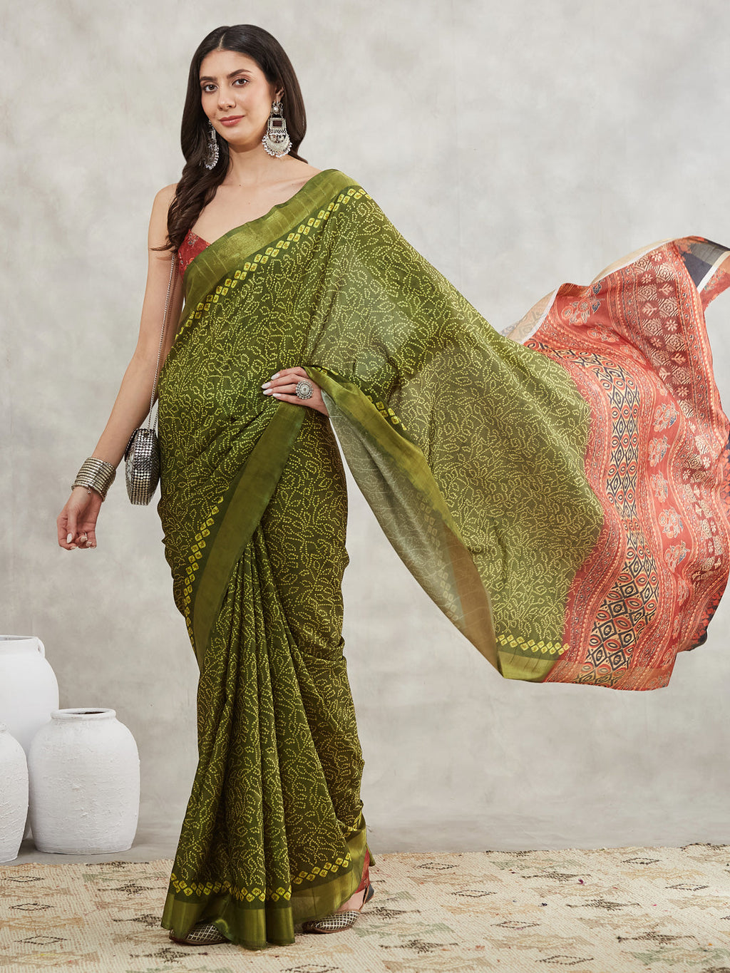 Janasya Women's Mehndi Green Silk Blend Bandhani Printed Printed Saree with Blouse Piece