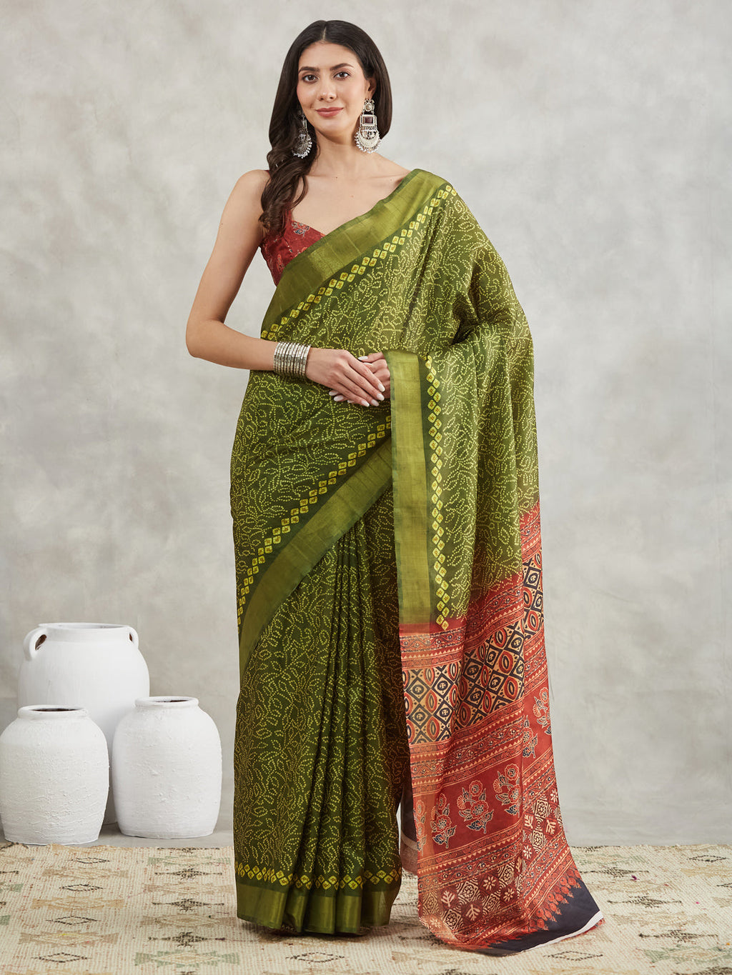 Janasya Women's Mehndi Green Silk Blend Bandhani Printed Printed Saree with Blouse Piece