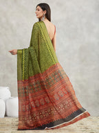 Janasya Women's Mehndi Green Silk Blend Bandhani Printed Printed Saree with Blouse Piece