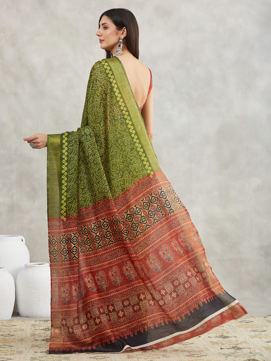 Janasya Women's Mehndi Green Silk Blend Bandhani Printed Printed Saree with Blouse Piece