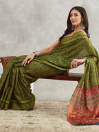 Janasya Women's Mehndi Green Silk Blend Bandhani Printed Printed Saree with Blouse Piece