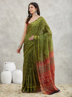 Janasya Women's Mehndi Green Silk Blend Bandhani Printed Printed Saree with Blouse Piece