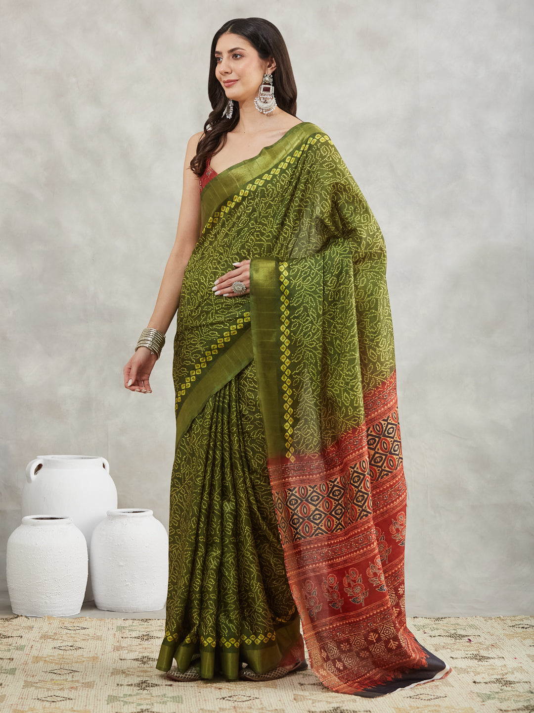 Janasya Women's Mehndi Green Silk Blend Bandhani Printed Printed Saree with Blouse Piece