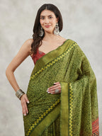 Janasya Women's Mehndi Green Silk Blend Bandhani Printed Printed Saree with Blouse Piece