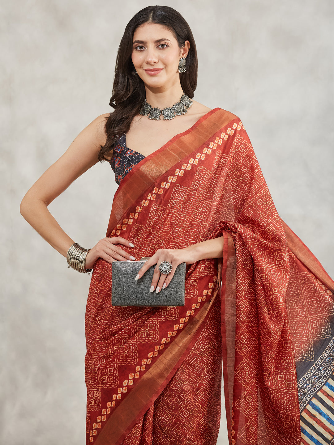 Janasya Women's Rust Orange Silk Blend Bandhani Printed Printed Saree with Blouse Piece