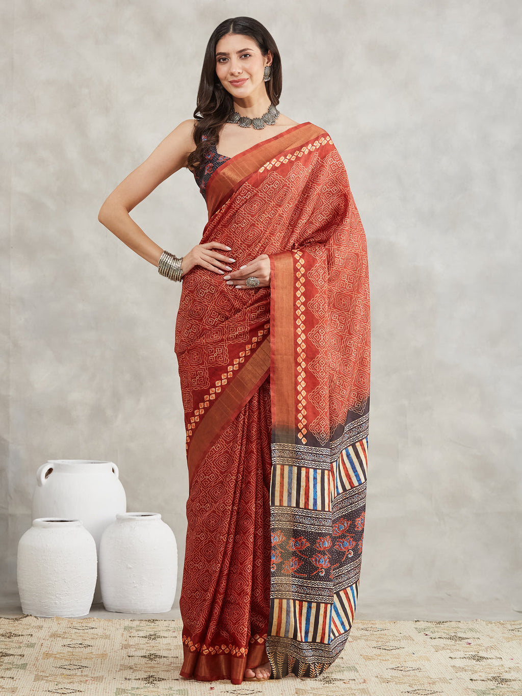 Janasya Women's Rust Orange Silk Blend Bandhani Printed Printed Saree with Blouse Piece