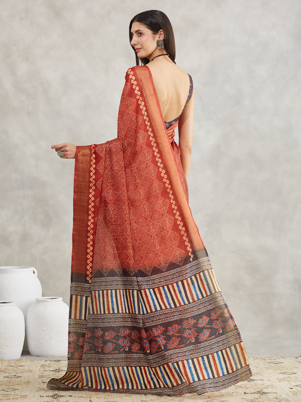 Janasya Women's Rust Orange Silk Blend Bandhani Printed Printed Saree with Blouse Piece