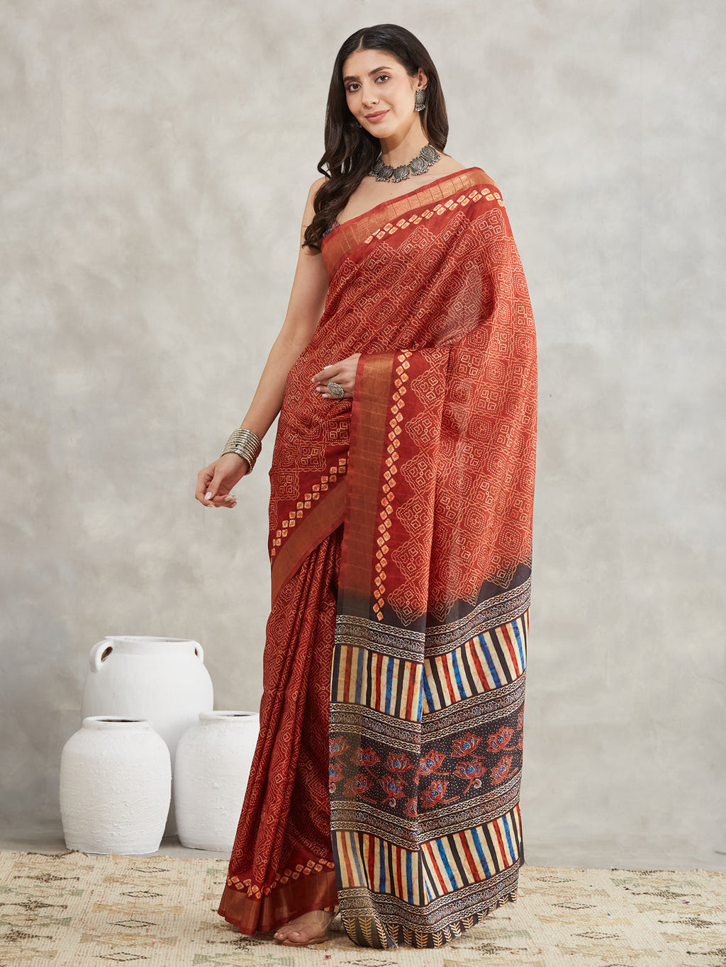 Janasya Women's Rust Orange Silk Blend Bandhani Printed Printed Saree with Blouse Piece