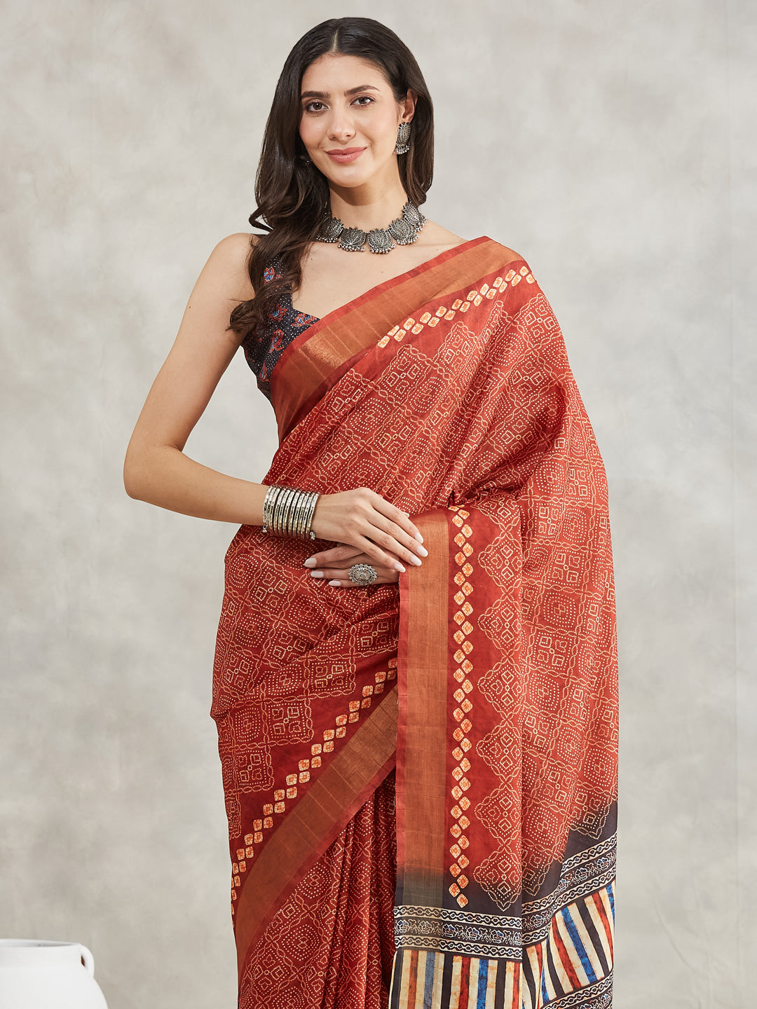 Janasya Women's Rust Orange Silk Blend Bandhani Printed Printed Saree with Blouse Piece