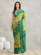 Janasya Women's Mustard & Green Silk Blend Bandhani Printed Printed Saree with Blouse Piece