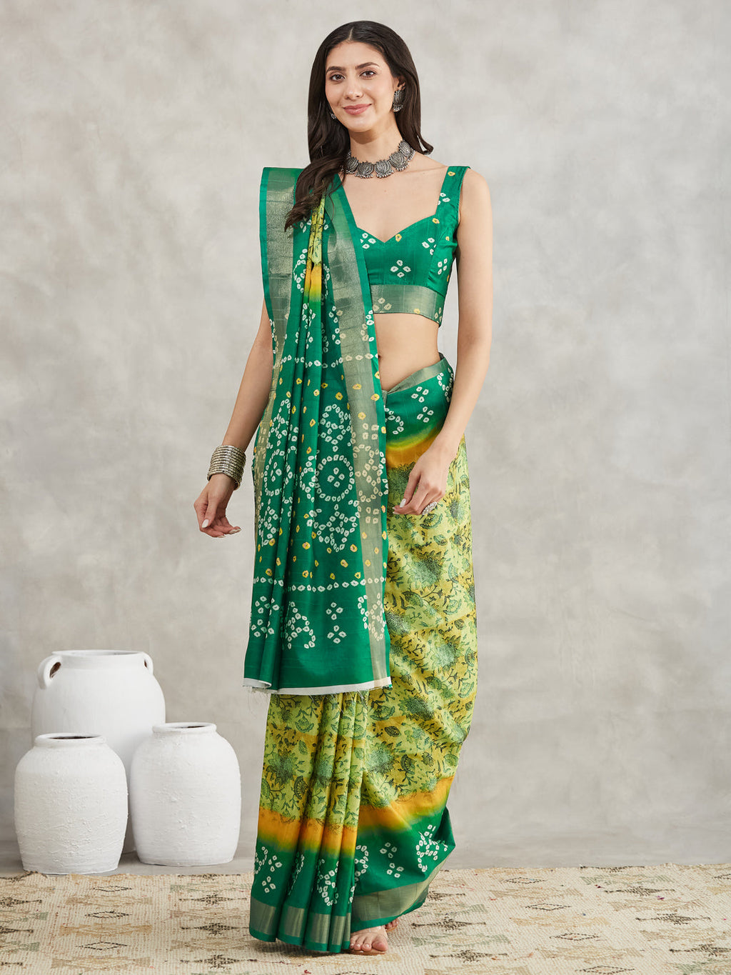 Janasya Women's Mustard & Green Silk Blend Bandhani Printed Printed Saree with Blouse Piece