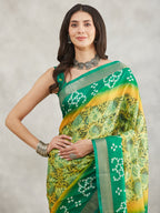 Janasya Women's Mustard & Green Silk Blend Bandhani Printed Printed Saree with Blouse Piece