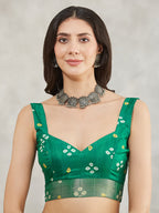 Janasya Women's Mustard & Green Silk Blend Bandhani Printed Printed Saree with Blouse Piece