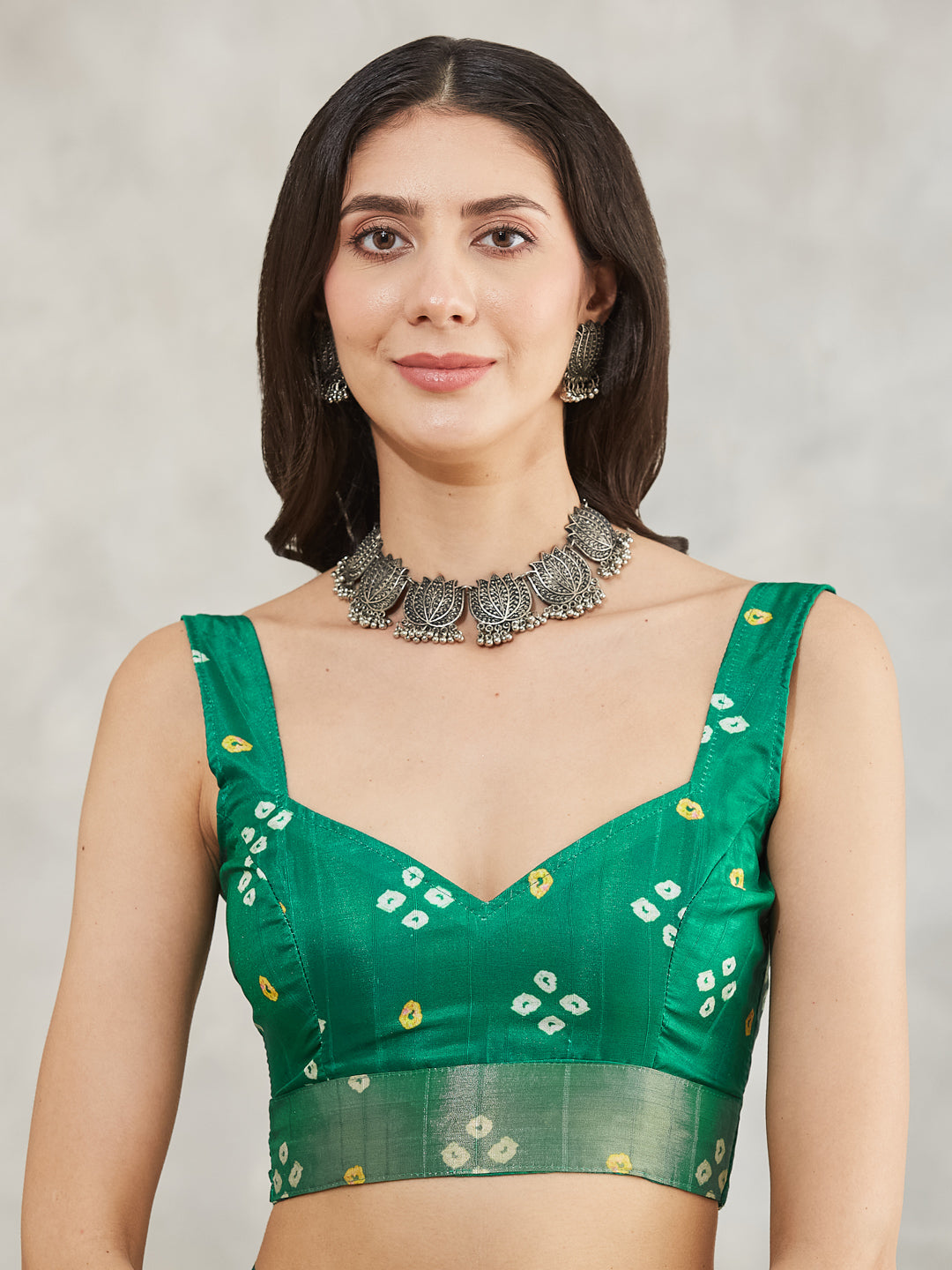 Janasya Women's Mustard & Green Silk Blend Bandhani Printed Printed Saree with Blouse Piece