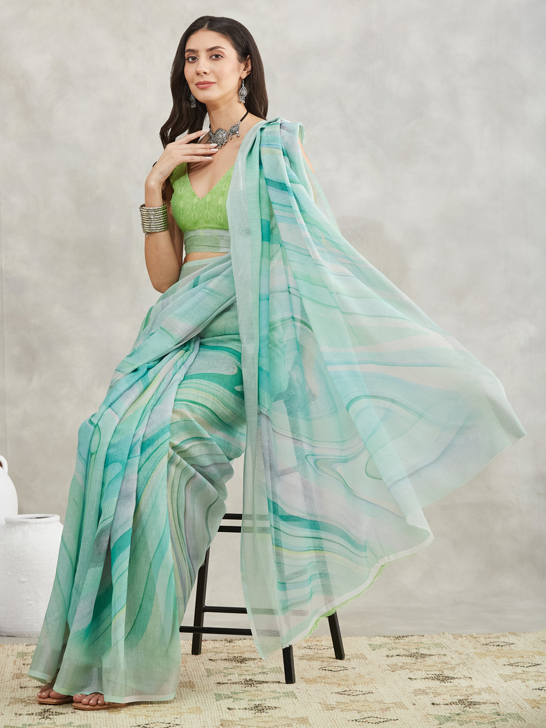 Janasya Women's Sea Green Linen Blend Abstract Printed Printed Saree with Blouse Piece