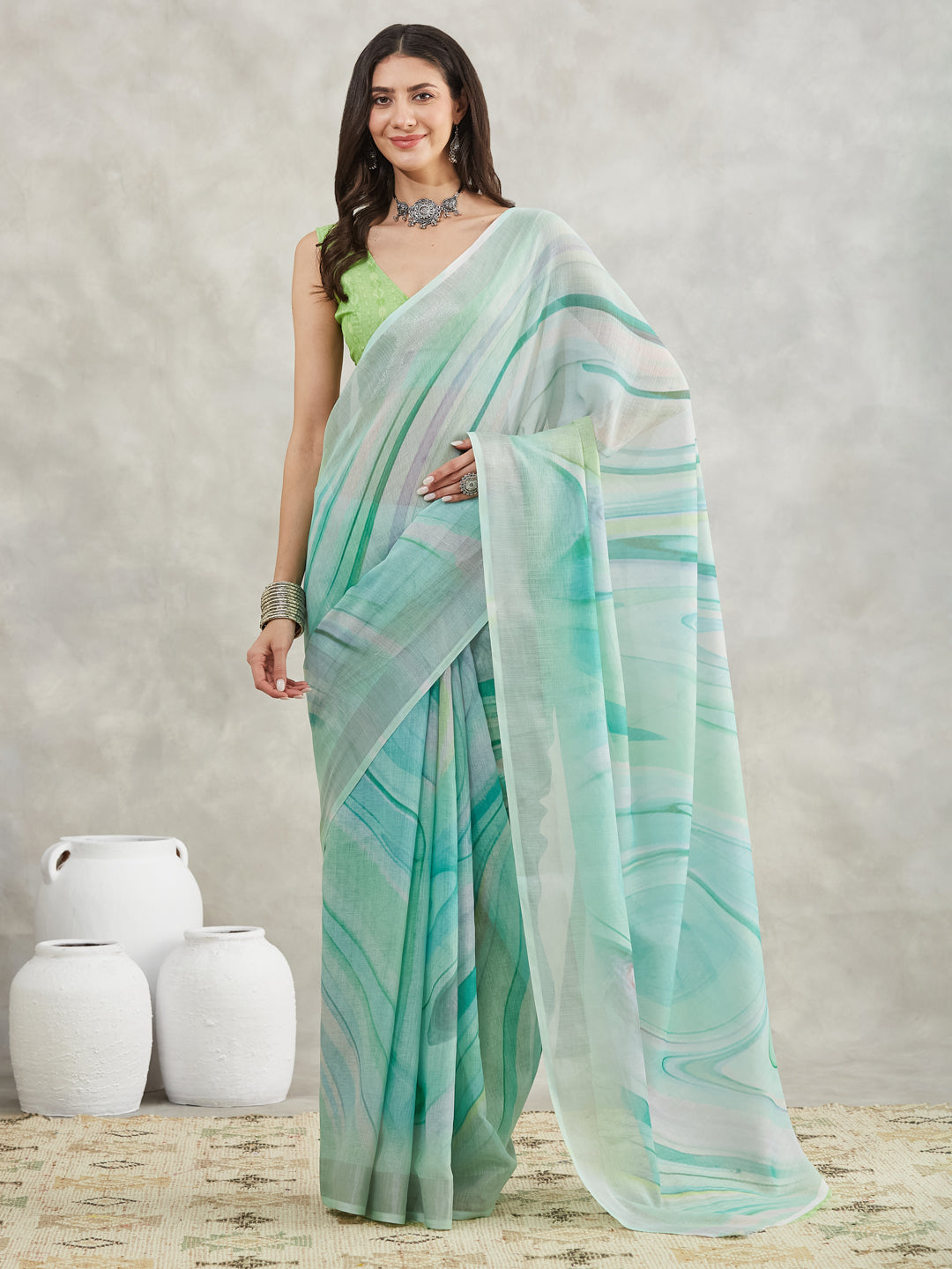 Janasya Women's Sea Green Linen Blend Abstract Printed Printed Saree with Blouse Piece