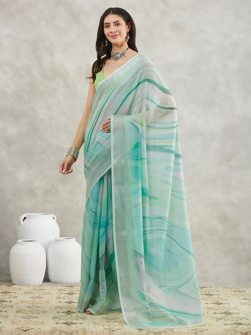 Janasya Women's Sea Green Linen Blend Abstract Printed Printed Saree with Blouse Piece