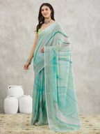 Janasya Women's Sea Green Linen Blend Abstract Printed Printed Saree with Blouse Piece