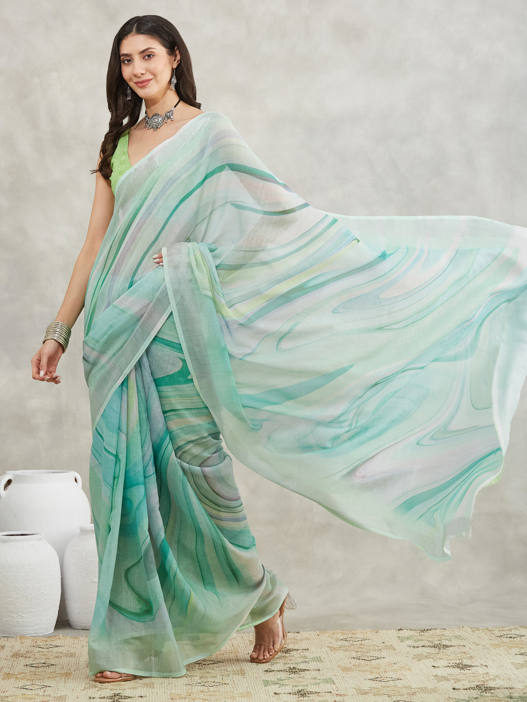 Janasya Women's Sea Green Linen Blend Abstract Printed Printed Saree with Blouse Piece
