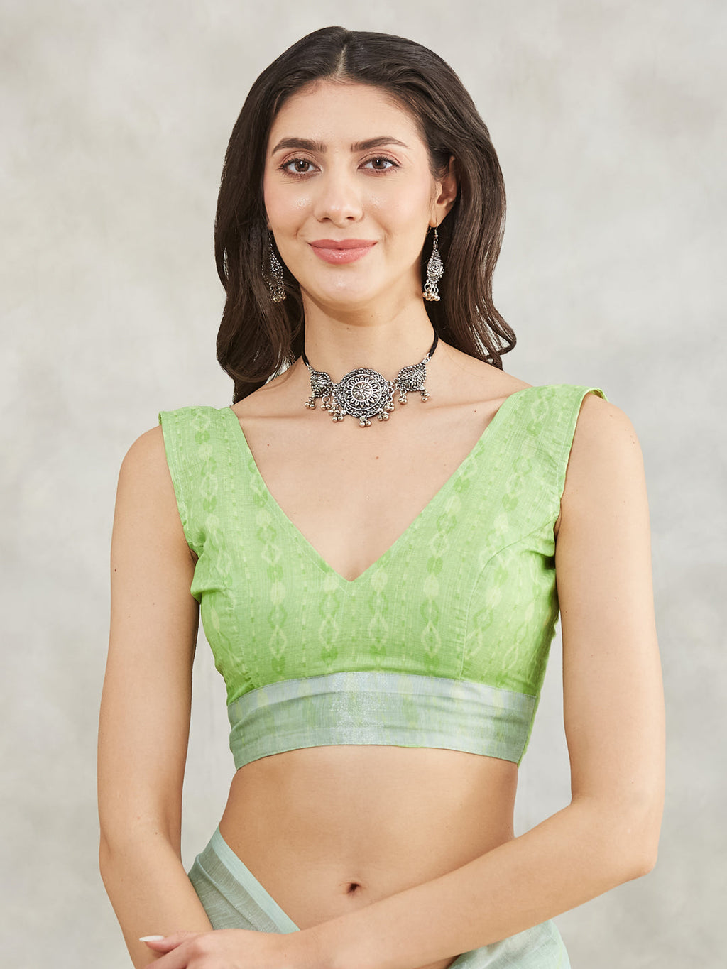 Janasya Women's Sea Green Linen Blend Abstract Printed Printed Saree with Blouse Piece