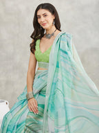Janasya Women's Sea Green Linen Blend Abstract Printed Printed Saree with Blouse Piece