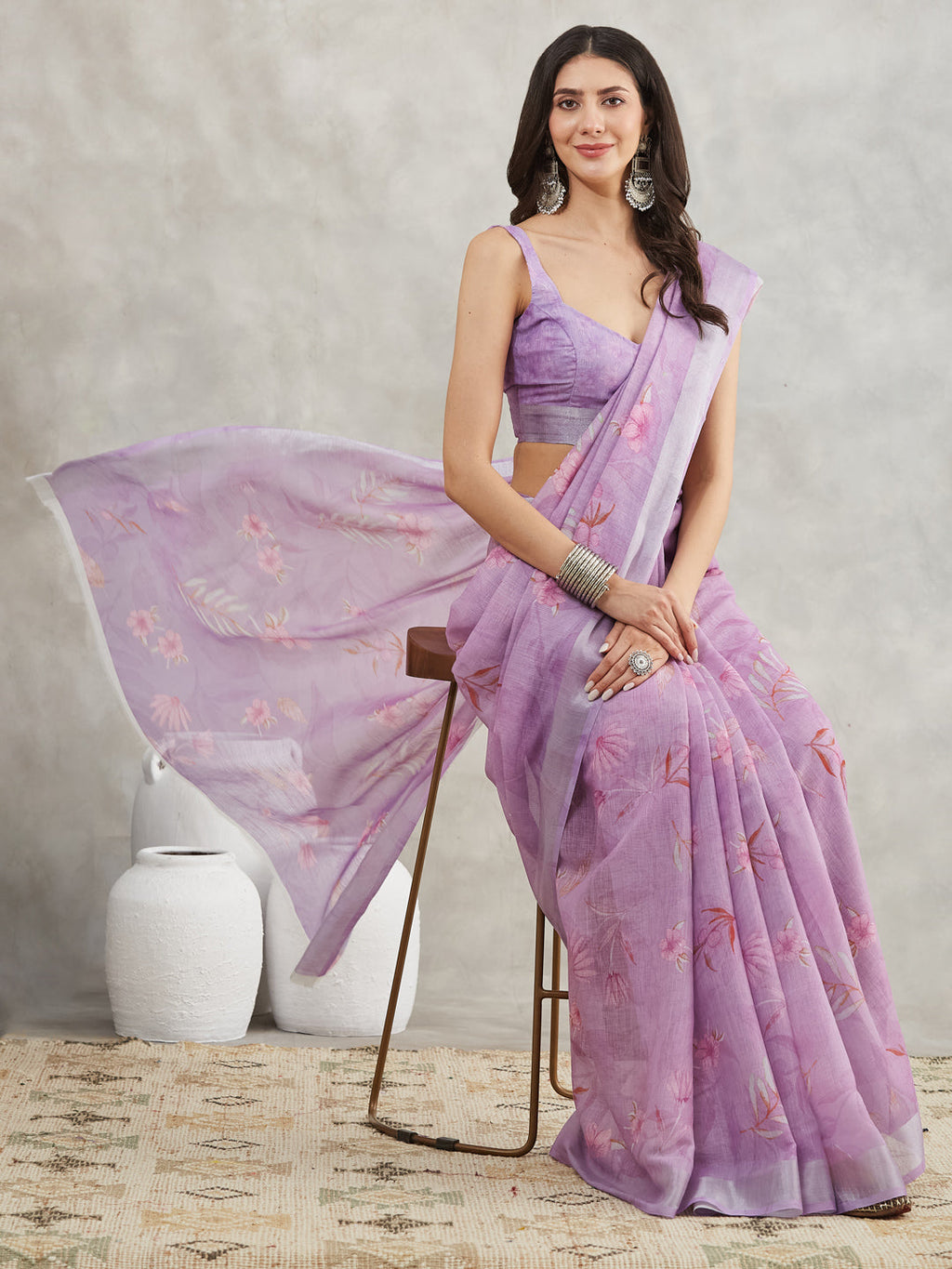 Janasya Women's Lavender Linen Blend Floral Printed Printed Saree with Blouse Piece