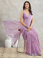 Janasya Women's Lavender Linen Blend Floral Printed Printed Saree with Blouse Piece