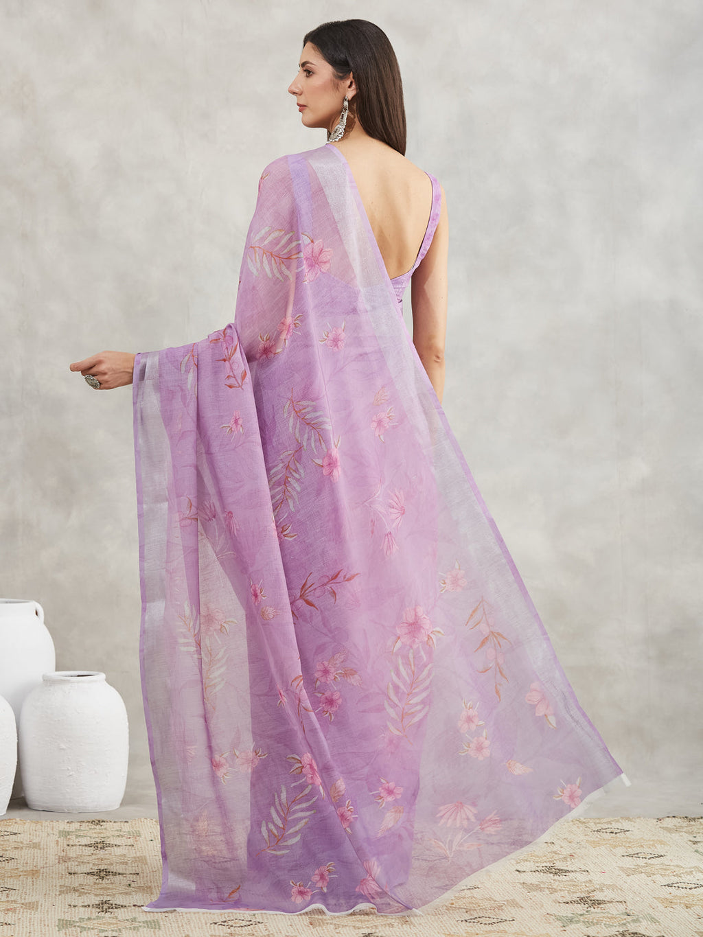 Janasya Women's Lavender Linen Blend Floral Printed Printed Saree with Blouse Piece