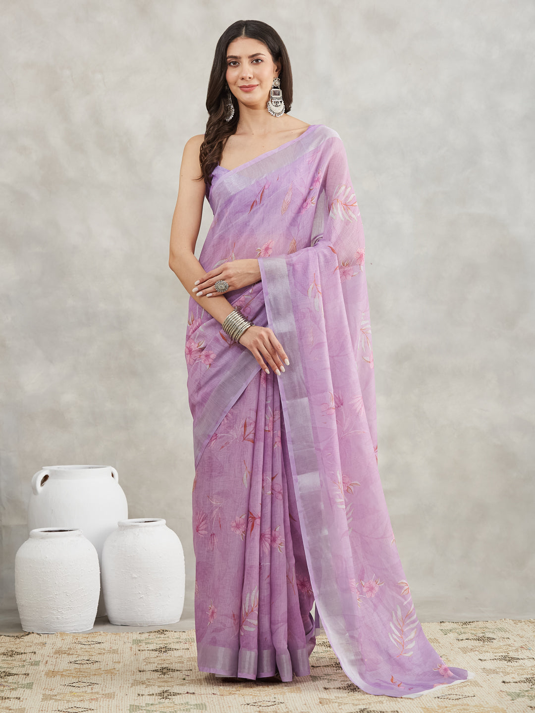 Janasya Women's Lavender Linen Blend Floral Printed Printed Saree with Blouse Piece