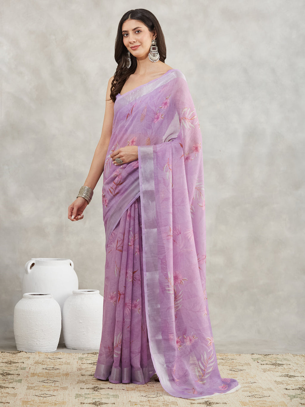Janasya Women's Lavender Linen Blend Floral Printed Printed Saree with Blouse Piece