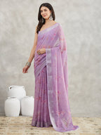Janasya Women's Lavender Linen Blend Floral Printed Printed Saree with Blouse Piece
