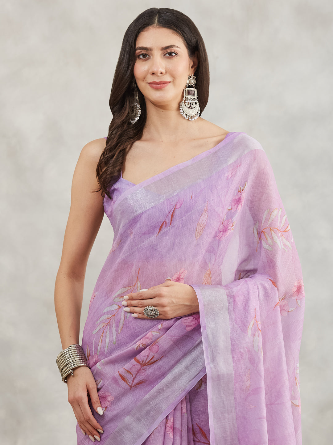 Janasya Women's Lavender Linen Blend Floral Printed Printed Saree with Blouse Piece