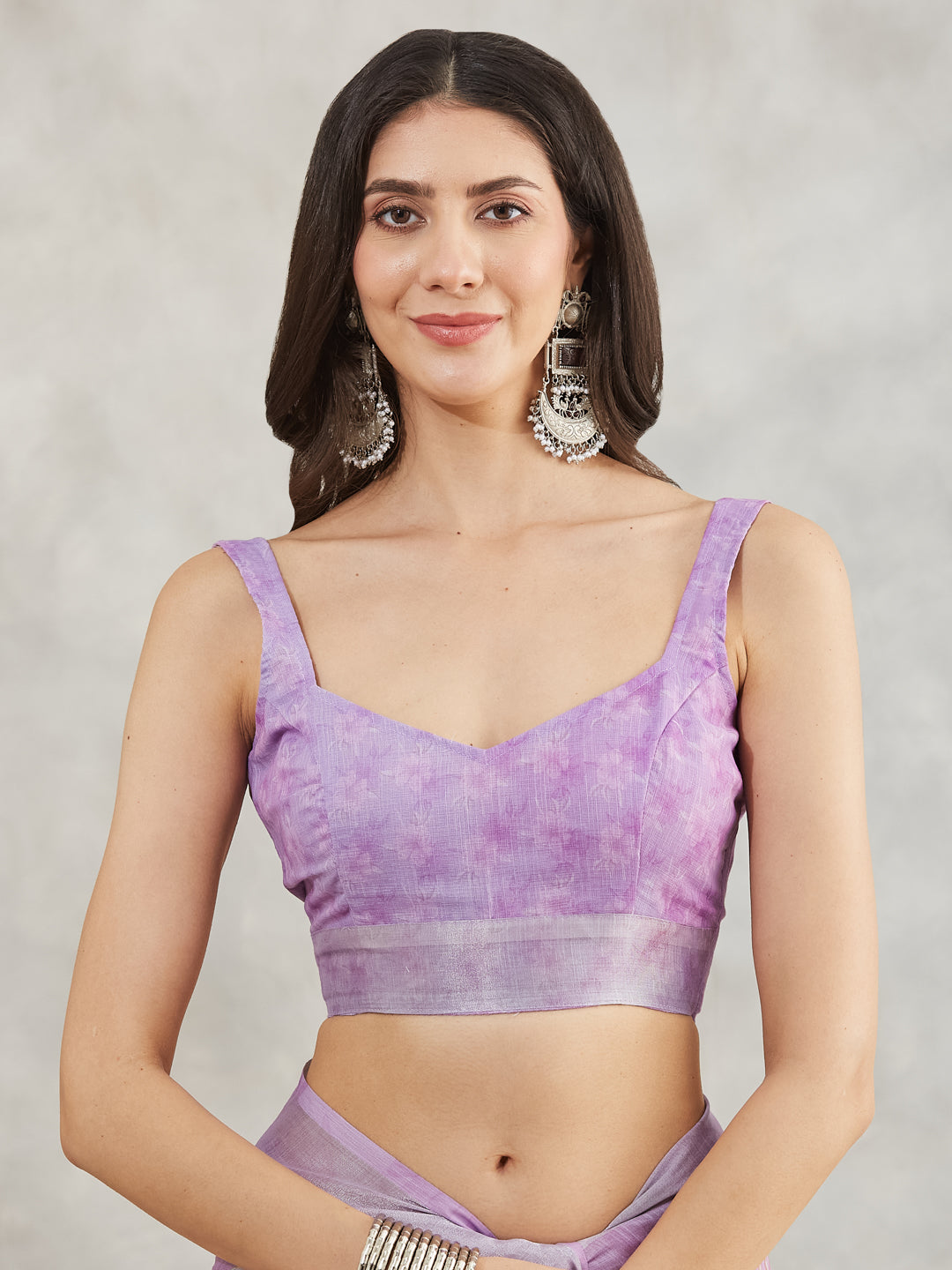 Janasya Women's Lavender Linen Blend Floral Printed Printed Saree with Blouse Piece