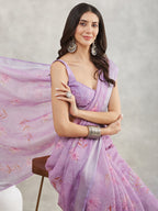 Janasya Women's Lavender Linen Blend Floral Printed Printed Saree with Blouse Piece